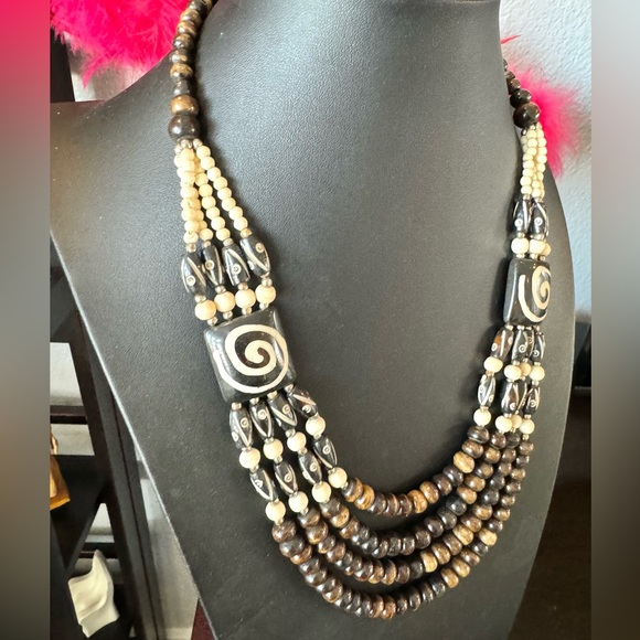 Artisan Nepal Clay Ceramic Beaded Swirl Necklace - Picture 2 of 8